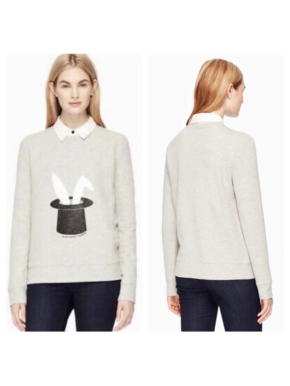kate spade Light Gray Crewneck Sweater with Rabbit-in-Hat Graphic